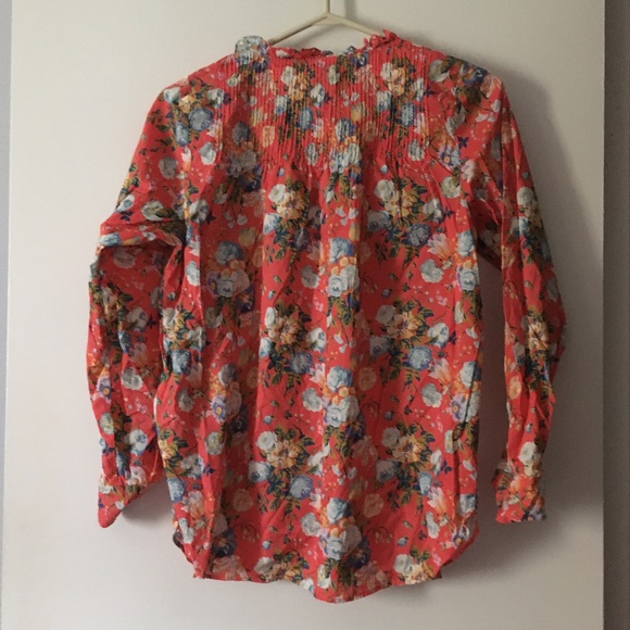 J CREW X LIBERTY Classic Popover Blouse Coral Floral Ruffle Collar Pintucking 4 - Picture 5 of 6